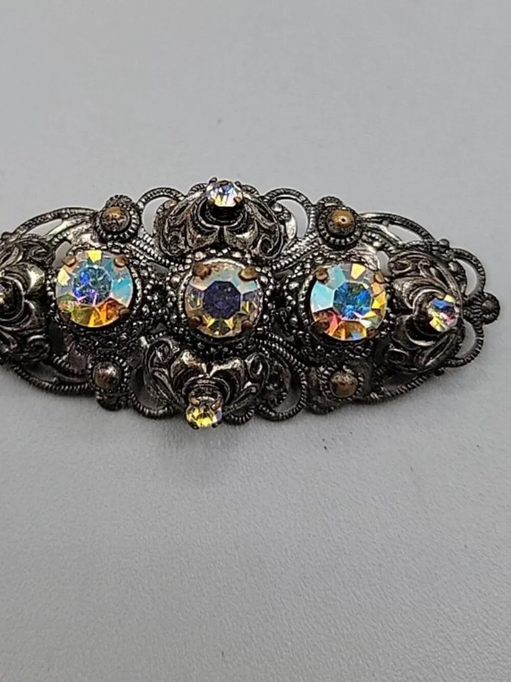 West Germany Silver Tone Filigree AB Brooch Pin Aurora Borealis Rhinestones
